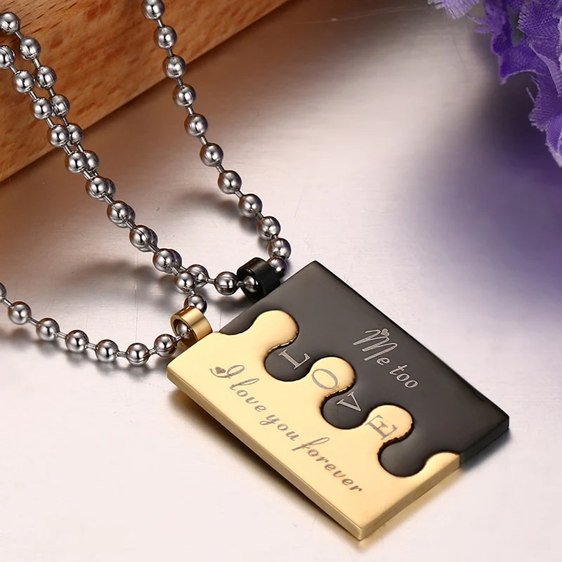 2 Colares para Namorados ou Casais - Puzzle Duas Cores com Mensagem - em Aço - REF1088 - Image 5