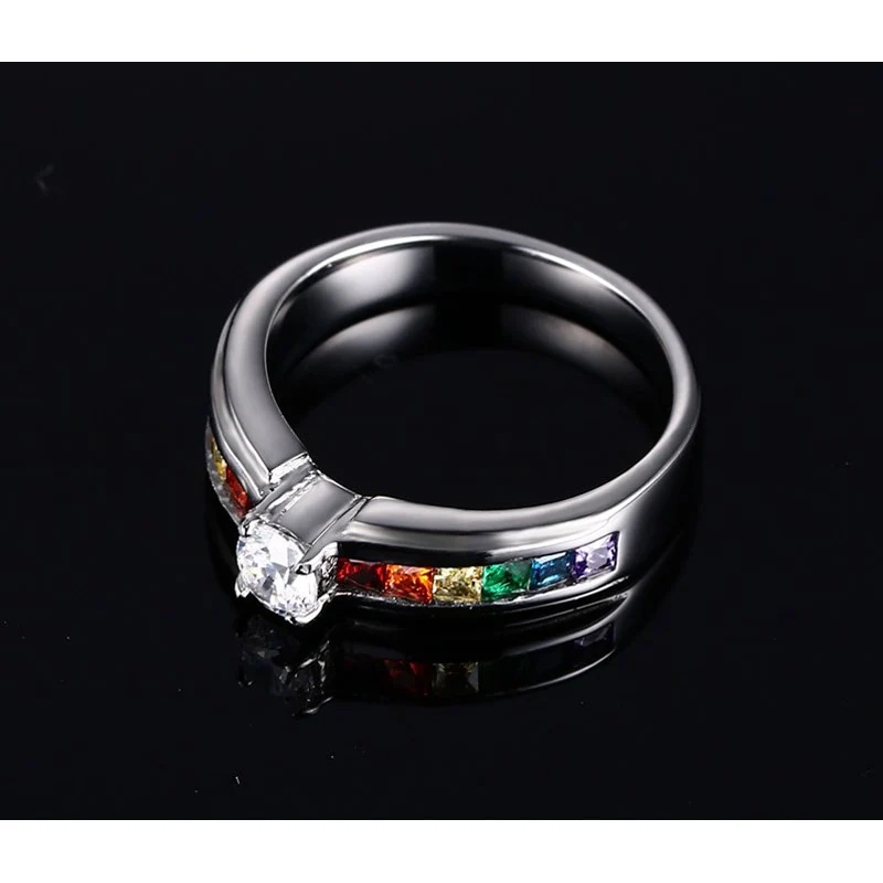 Anel de Noivado Cores do Arco-Íris com Pedra Central em Aço - REF1160 - Image 3