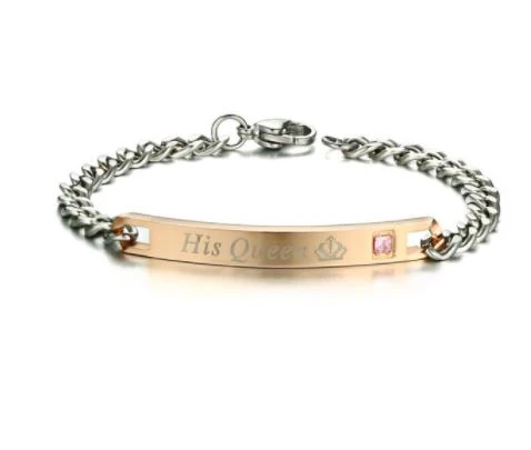 Conjunto de Pulseiras para Namorados - Her King/His Queen com Coroa - em Aço - REF1072 - Image 3