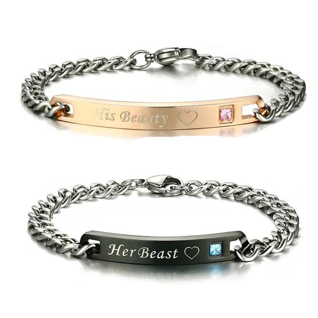 Conjunto de Pulseiras para Namorados ou Casais - His Beauty/Her Beast - em Aço - REF1068 - Image 6