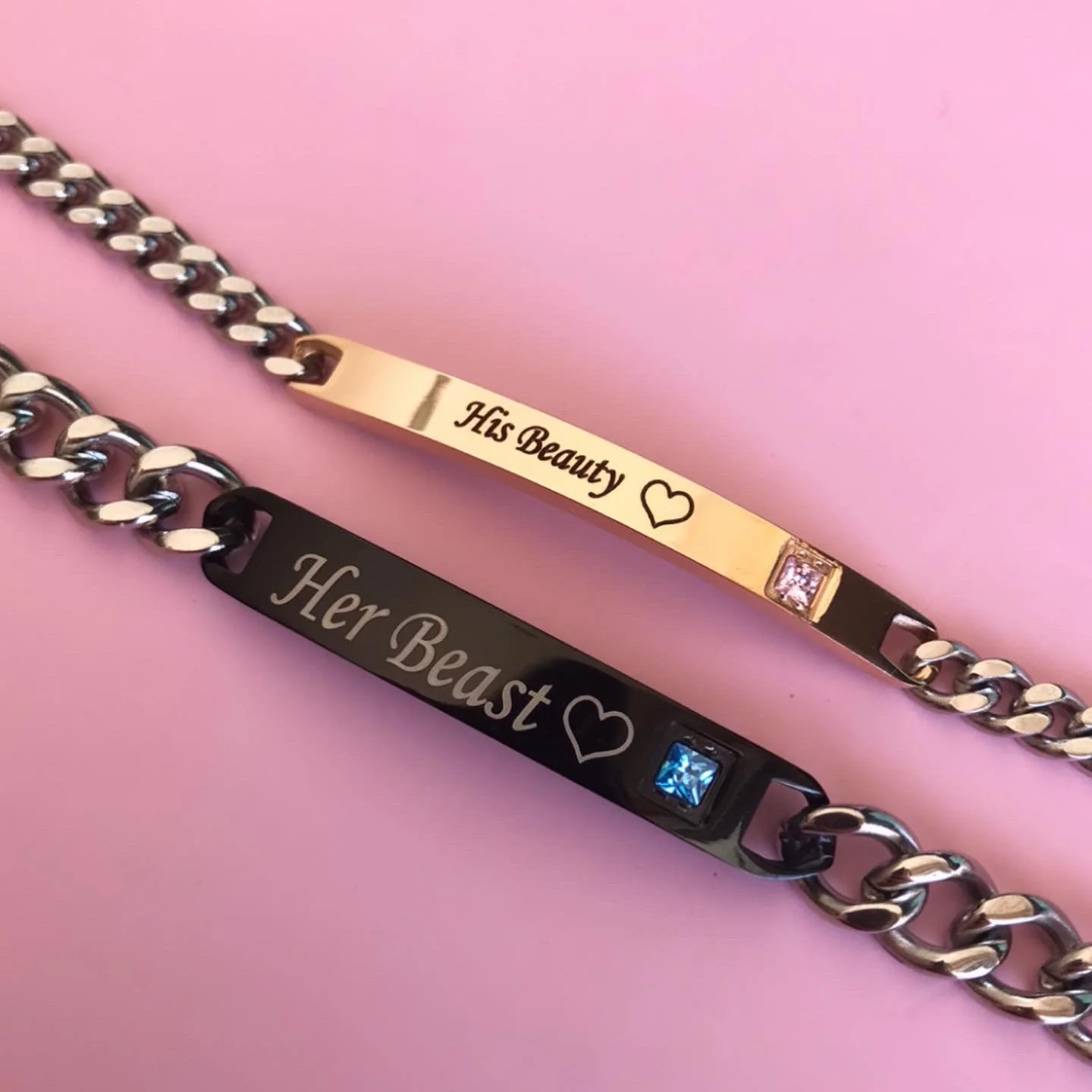 Conjunto de Pulseiras para Namorados ou Casais - His Beauty/Her Beast - em Aço - REF1068 - Image 7