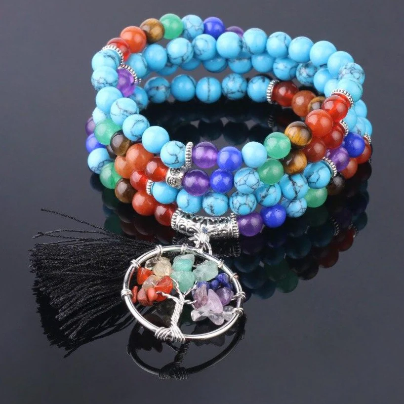 Japamala 7 Chakras com Pedras Naturais Howlita Azul e Árvore da Vida com Tassel - REF1005 - Image 4