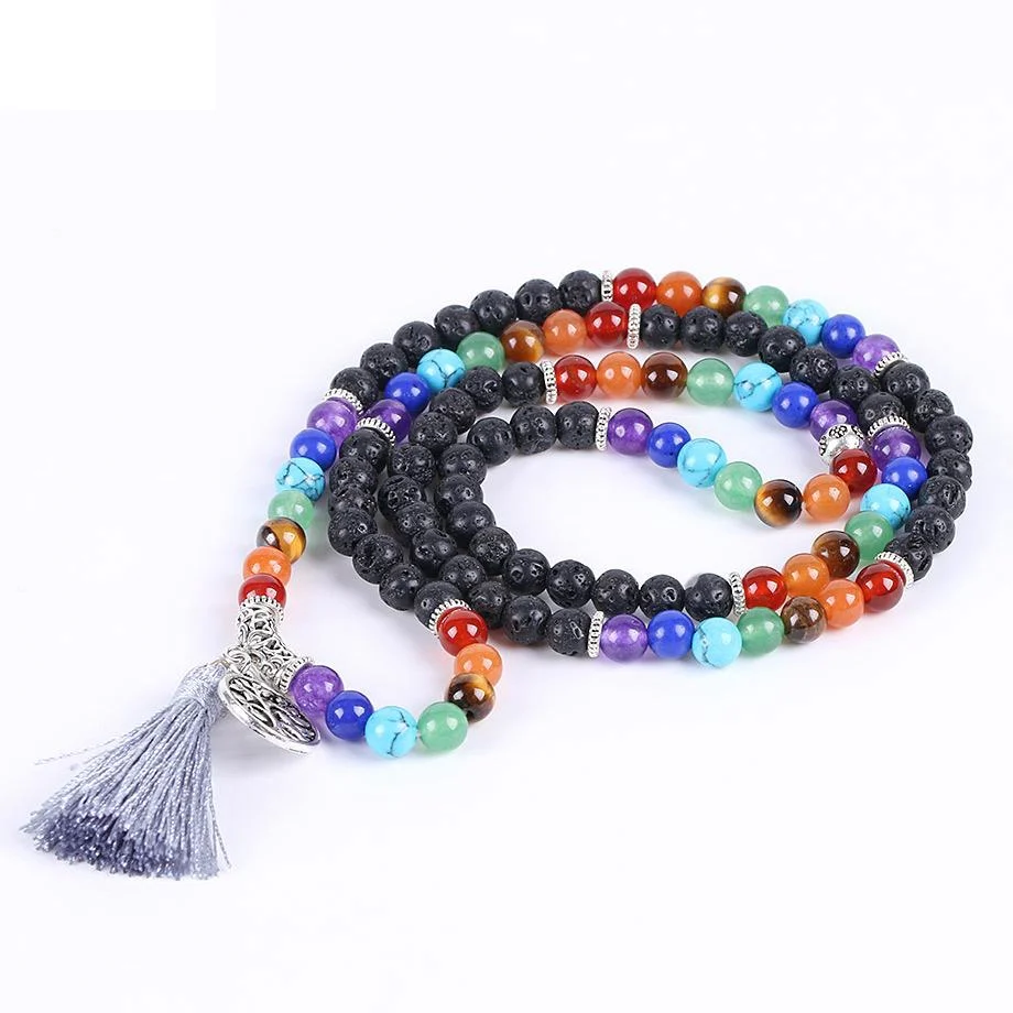Japamala Pedras Vulcânicas e Pedras 7 Chakras com Tassel e Pendente Árvore da Vida - REF1042 - Image 3