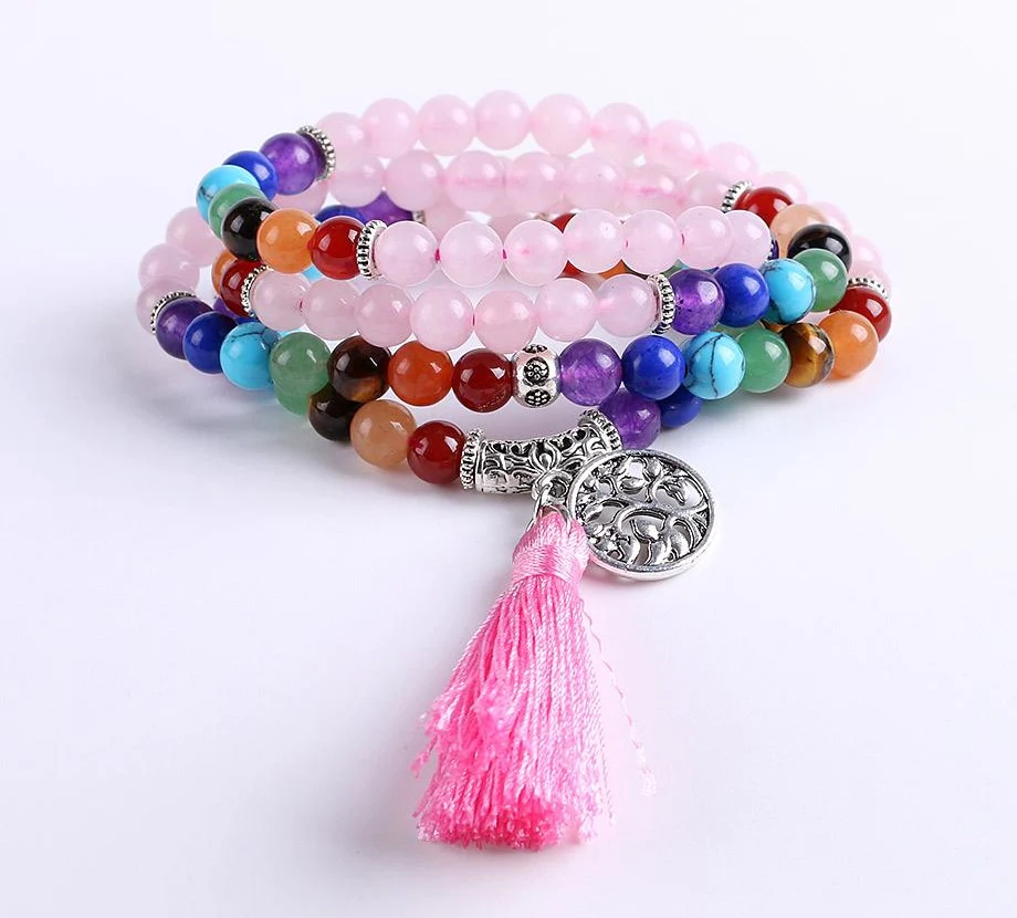 Japamala Quartzo Rosa e Pedras 7 Chakras com Tassel Rosa e Pendente Raízes - REF1043 - Image 6