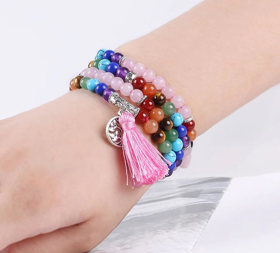 Japamala Quartzo Rosa e Pedras 7 Chakras com Tassel Rosa e Pendente Raízes - REF1043 - Image 7