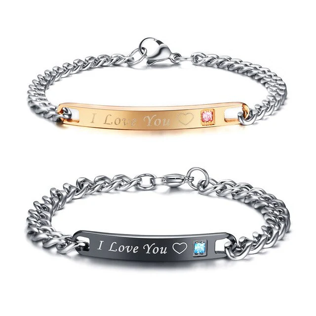 Conjunto de Pulseiras para Namorados ou Casais - I Love You com Coração e Pedra - em Aço - REF1067 - Image 4